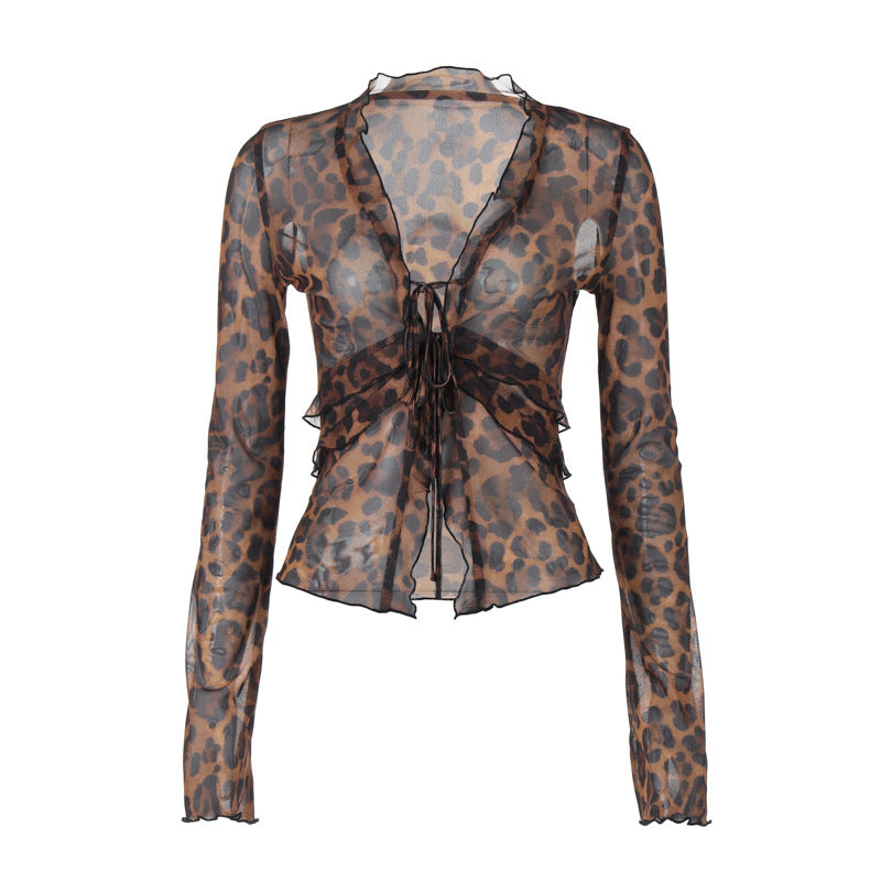 Dame let transparent top med leopardmønster Skovae