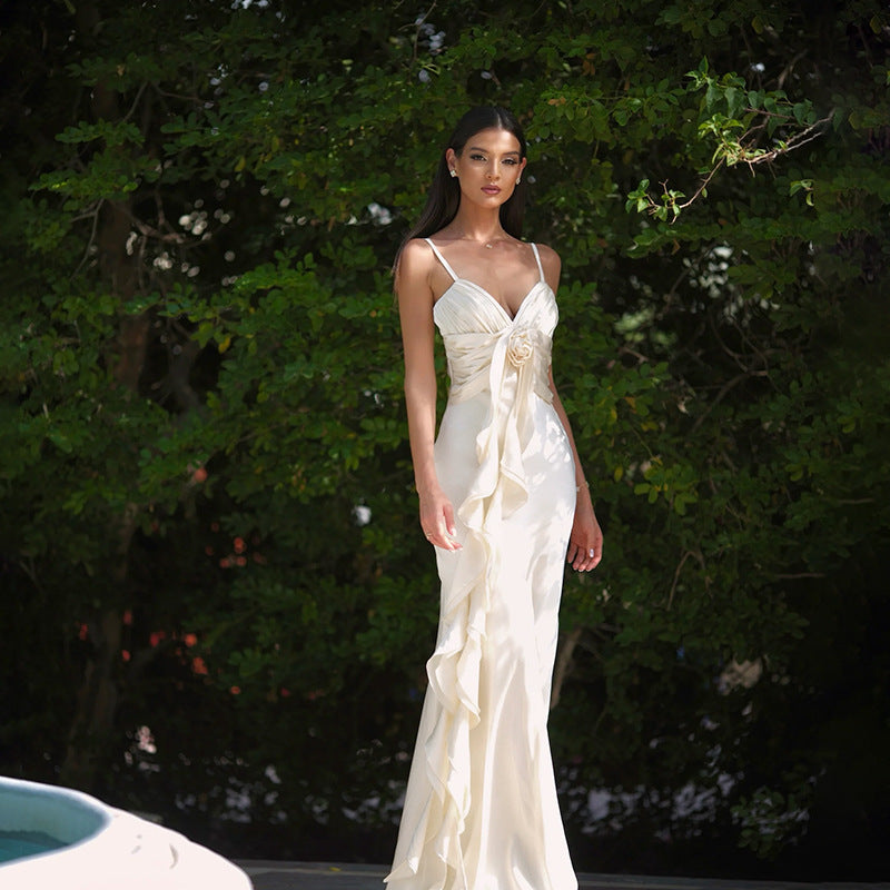 Damer Elegant Rynket Satin Aftenkjole Stilla