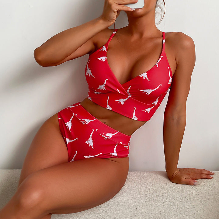 Dame Højt skåret bikini med legende dinosaurermønster og komfortabel top Stilla