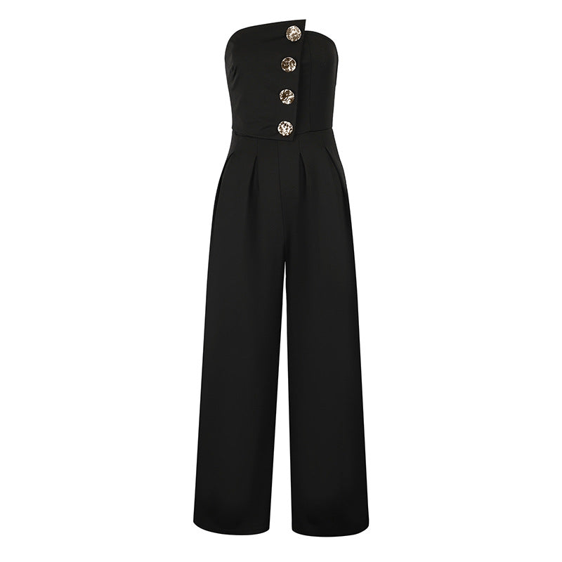Dame Elegant Jumpsuit med asymmetrisk udskæring og dekorative knapper Skovae