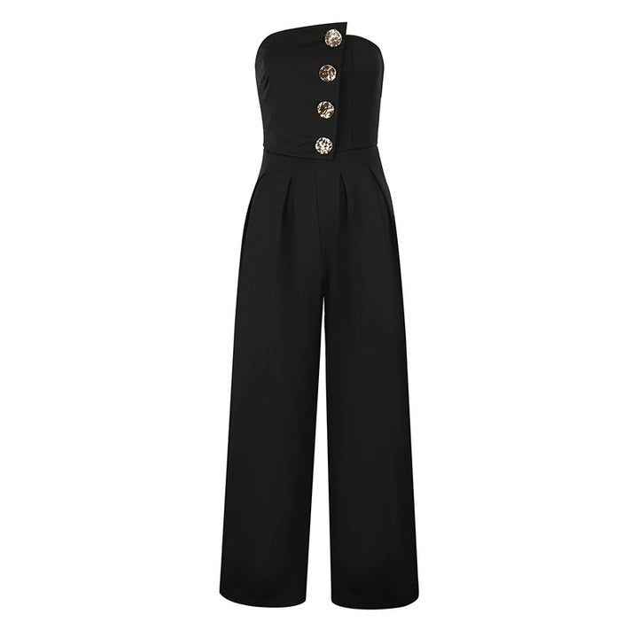 Dame Elegant Jumpsuit med asymmetrisk udskæring og dekorative knapper Skovae