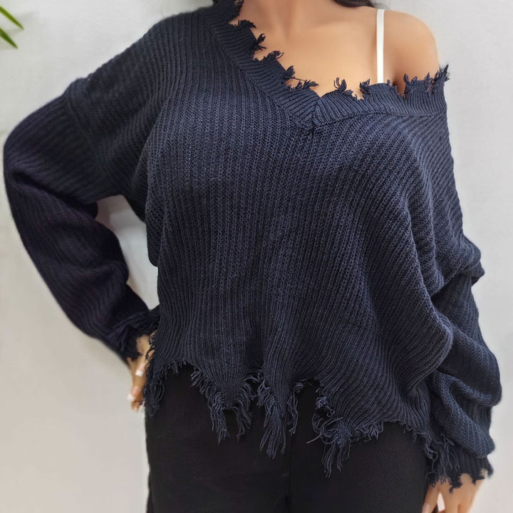 Dame afslappet V-udskæring sweater med frynset detalje Stilla