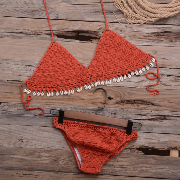 Dame hæklet bikini-sæt med muslingdekorations Stilla