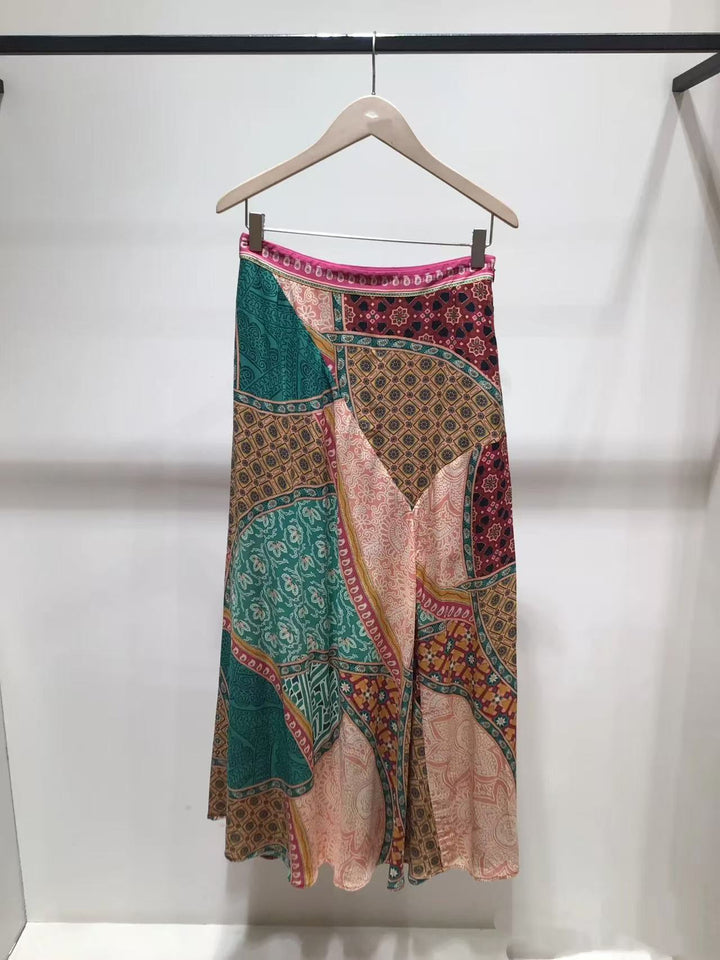 Dame Maxiskørt med kunstnerisk patchwork-design og elastisk talje Stilla