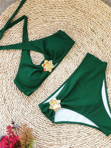 Dame Halter-Bikini med blomsterdetaljer og høj midje Stilla