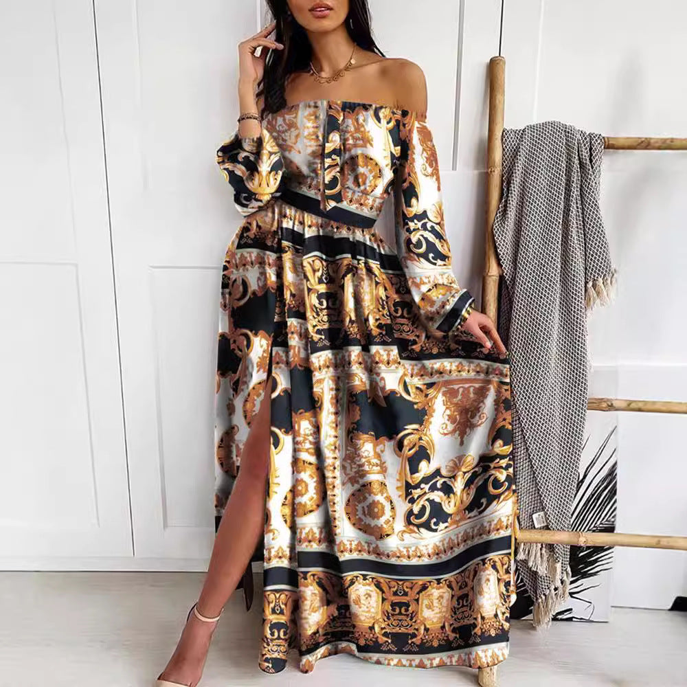 Dame maxikjole med off-shoulder-udskæring og elegant trykdesign Stilla