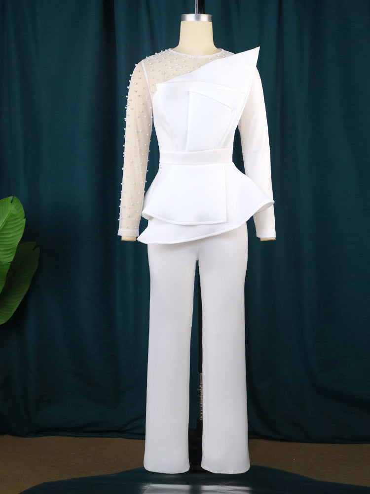 Damer Elegant Jumpsuit med gennemsigtige pufærmer og dyb V-udskæring Skovae