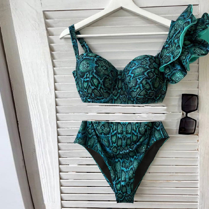 Dame bikini-sæt med legende volangdesign og trendy slangeskinds mønster Stilla