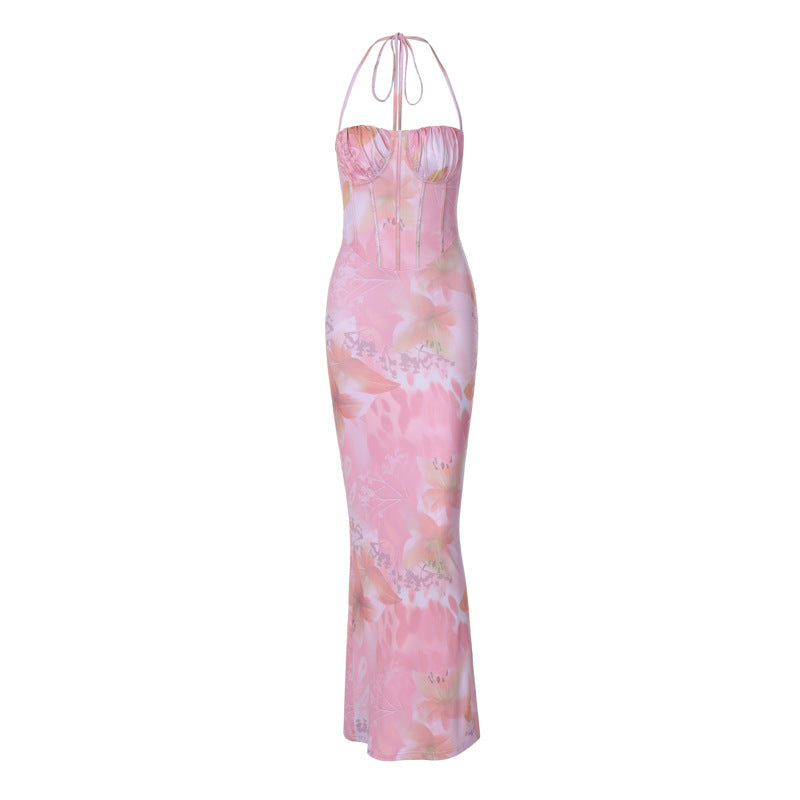 Dame Elegant langt kjole med blomstret design og raffineret halterneck top Stilla
