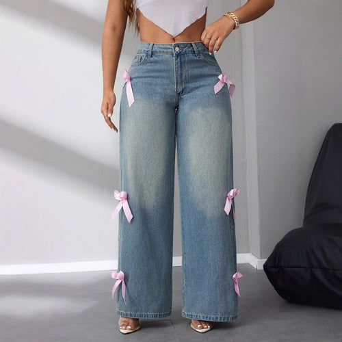 Kvinders brede højtaljede jeans med dekorative bueapplikationer Stilla