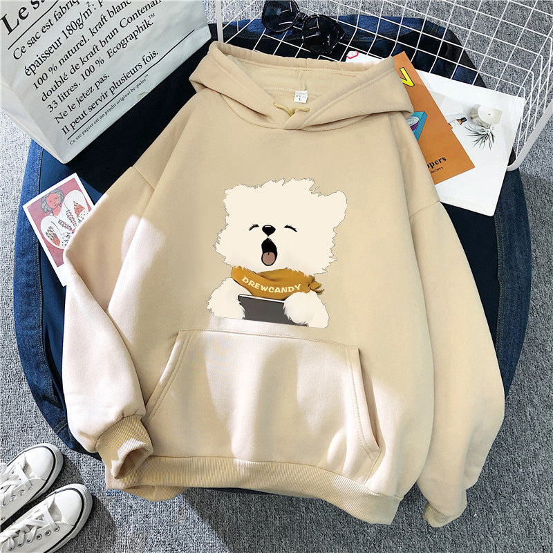 Dame hoodie med sød hund foran print Skovae