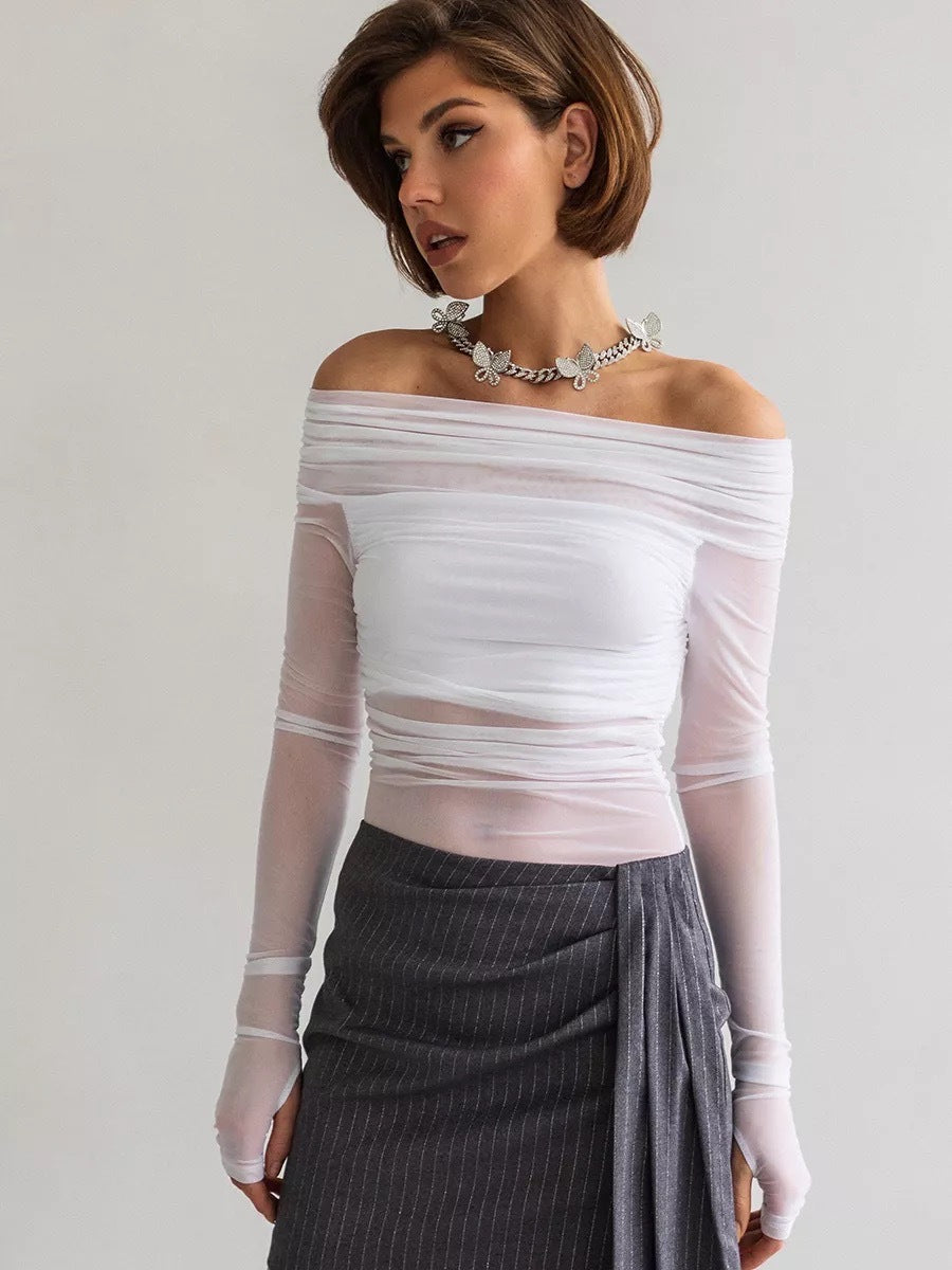 Dame Offshoulder Langærmet Top i transparentt netmateriale Skovae
