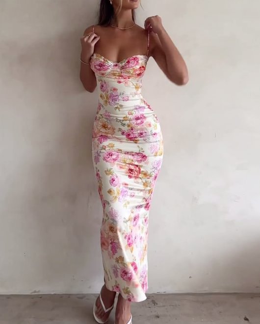 Dame Elegant Sommer Maxi Kjole med Blomsterdesign og Tætsiddende Pasform