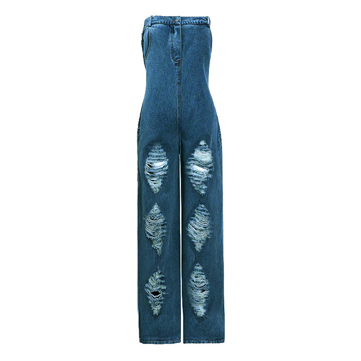 Femme Strapless Distressed Denim Overall Stilla