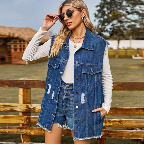 Dame Denim Veste i afslappet snit med frynser og praktiske lommer Stilla