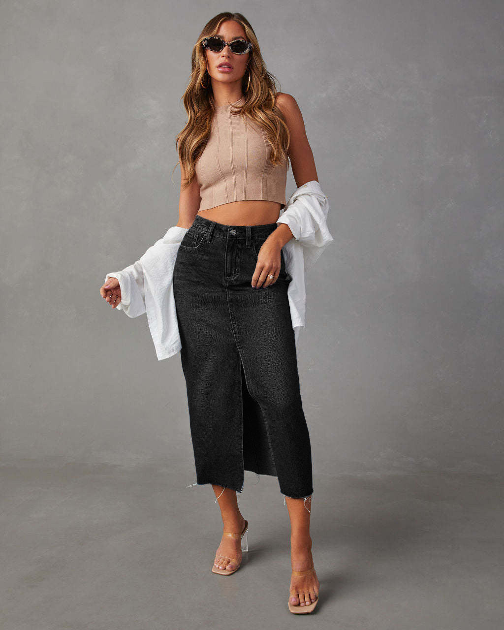 Dame Casual Denim Nederdel med sidelisk og frynset kant Stilla