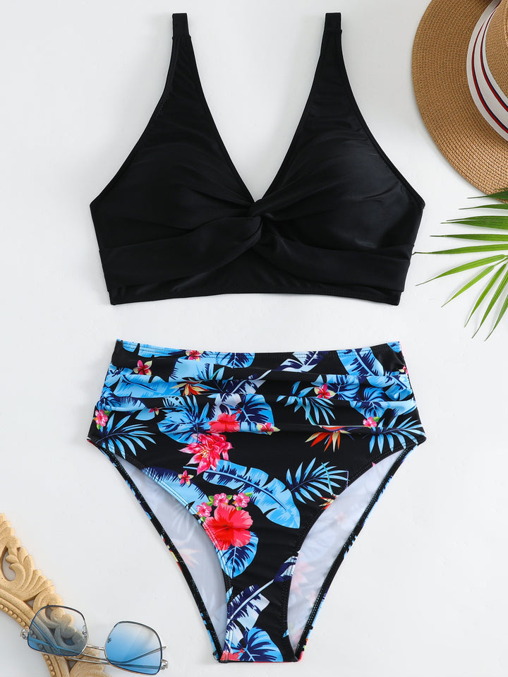 Dame Højtaljet Bikini-Sæt med elegant knudedesign og blomsterprint Stilla