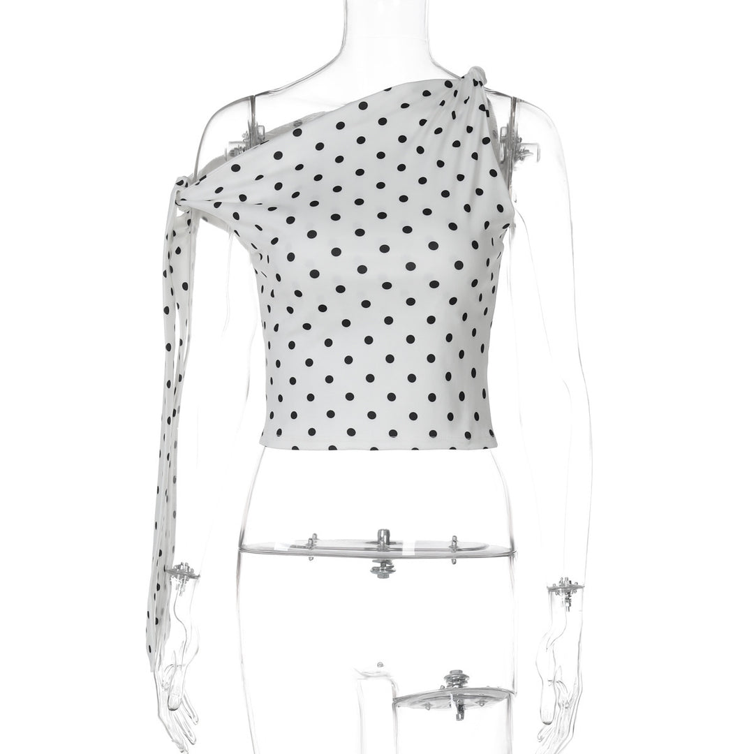 Dame Off-Shoulder Top med legende prikmønster og elegante flæsedetaljer Stilla
