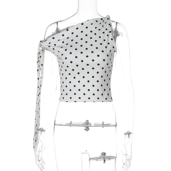 Dame Off-Shoulder Top med legende prikmønster og elegante flæsedetaljer Stilla