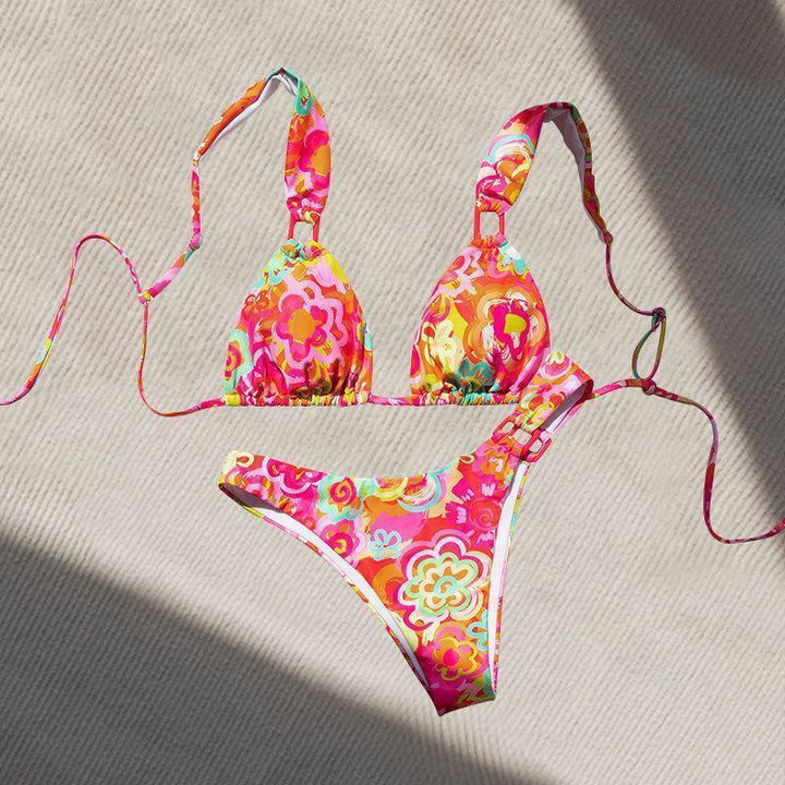 Dame trekant-bikini med justerbare stropper og iøjefaldende blomsterdesign Skovae