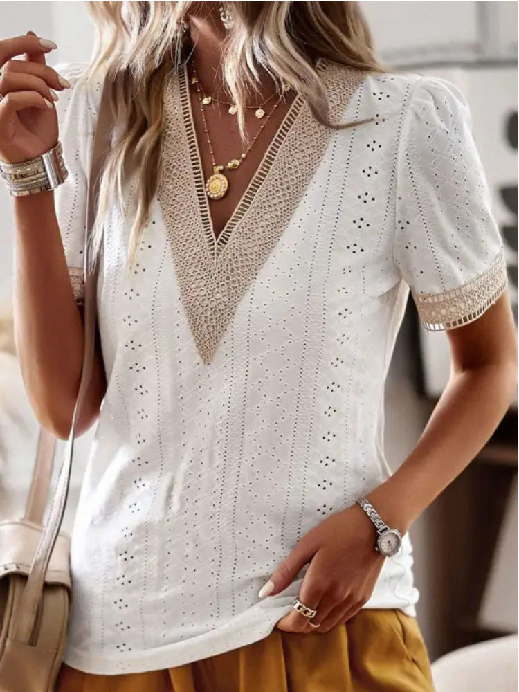 Dame Elegant Bluse med V-halsudskæring og Spidselement Stilla