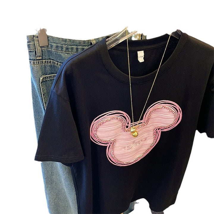 Dame T-shirt med kreativ Mickey Mouse tryk og kvalitets paillettryk Stilla