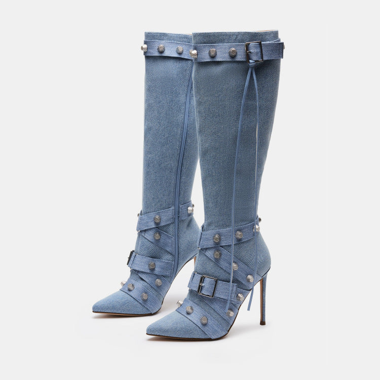 Femme Over-knæet Denim Støvler med dekorative Nitter Stilla