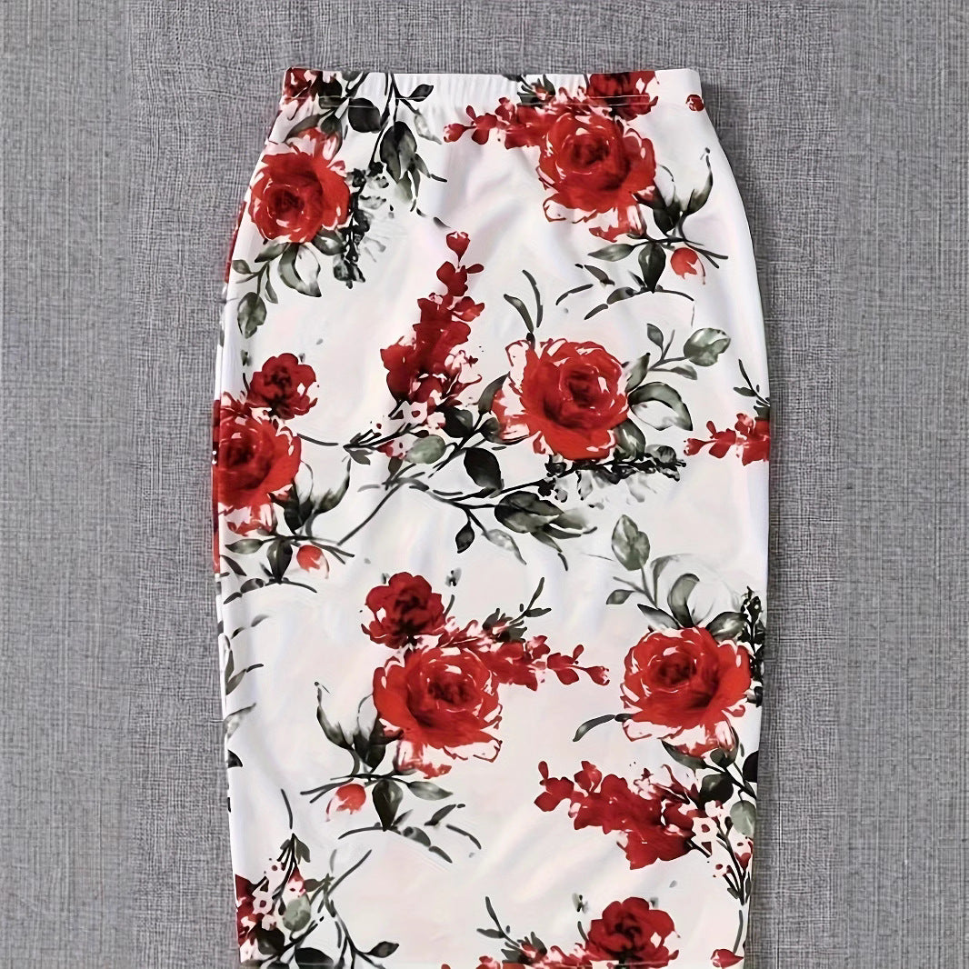 Dame Elegant blyantskørt med blomster mønstre og elastisk talje Stilla