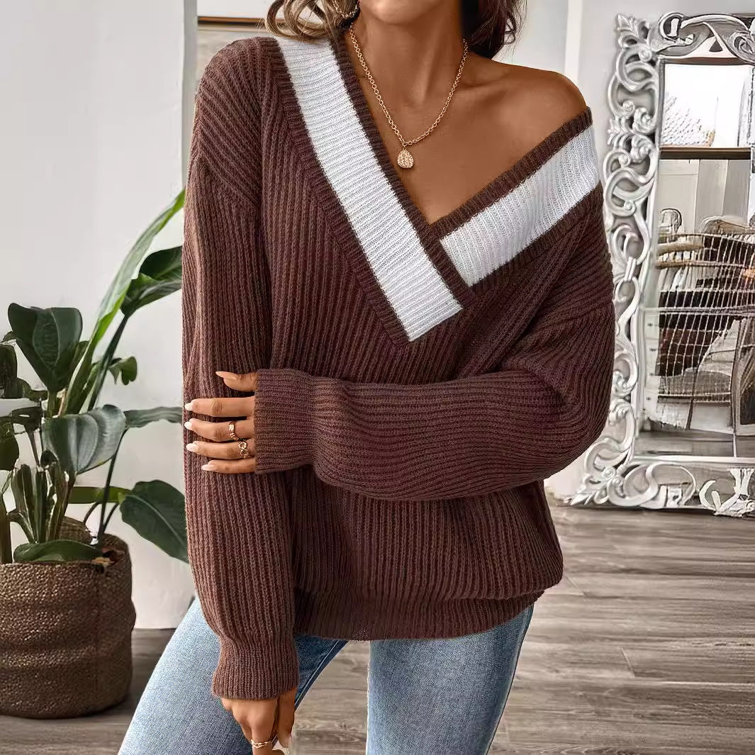 Dame sweater med moderne V-udskæring og ribstruktur Stilla