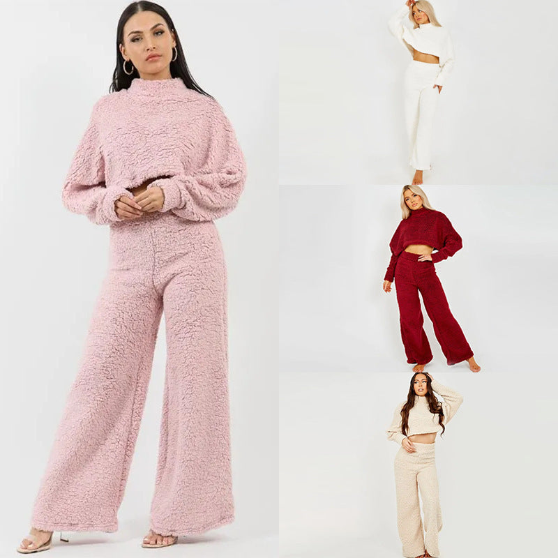Dame Mode Cropped Sweater og Fluffy Bukser Sæt Stilla