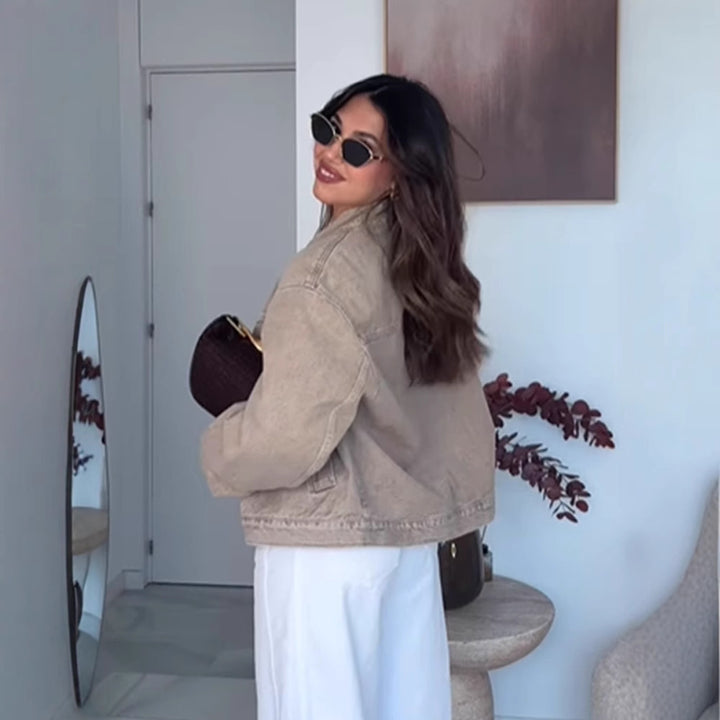 Dame mode oversized jeansjakke med trendy ståkrave Stilla