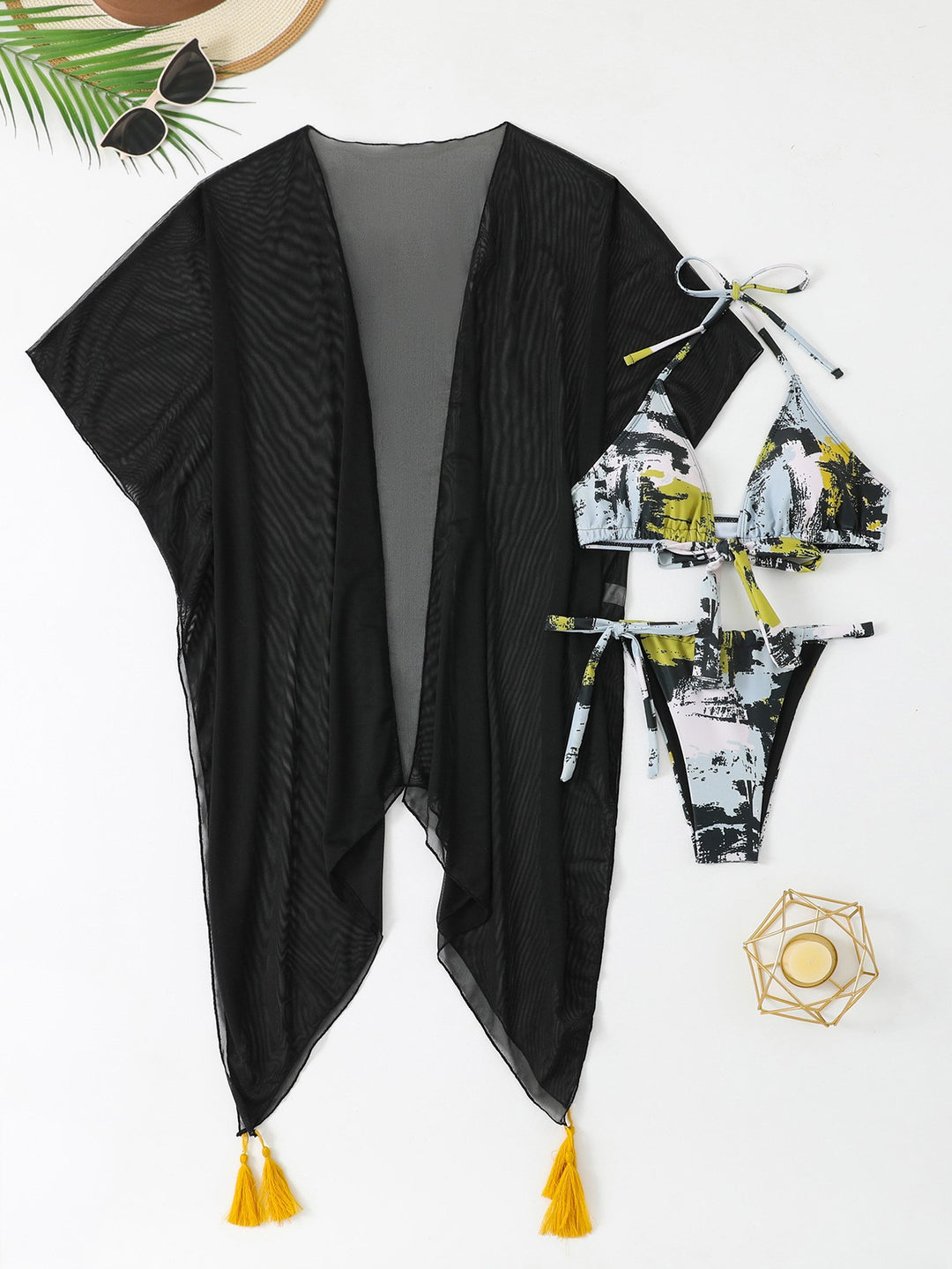 Dame Strandkimono og Bikini-sæt med stilfuldt grafisk mønster og elegante frynser Stilla