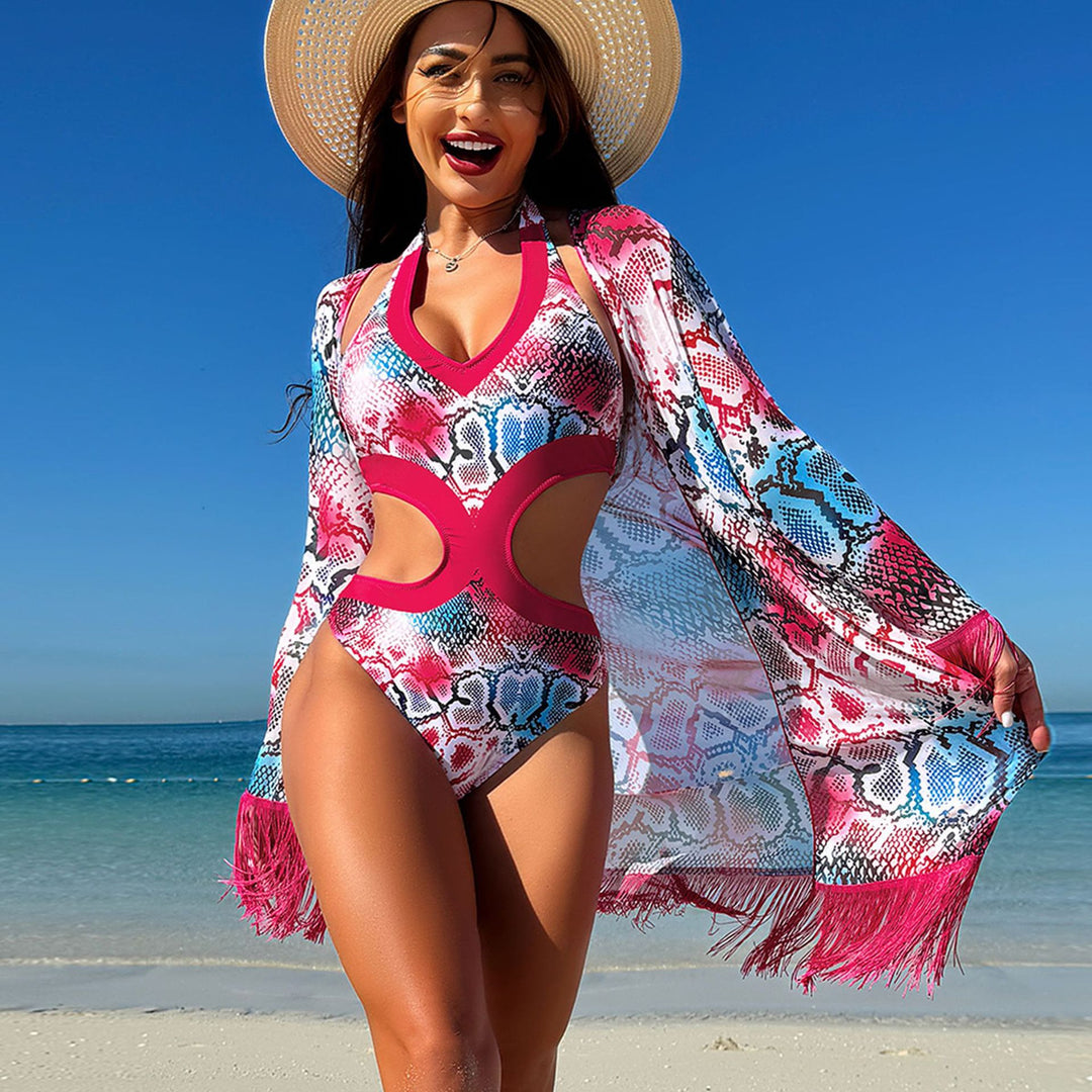 Dame Cut-Out Badedragt med vidde Kimono og Frynser Stilla