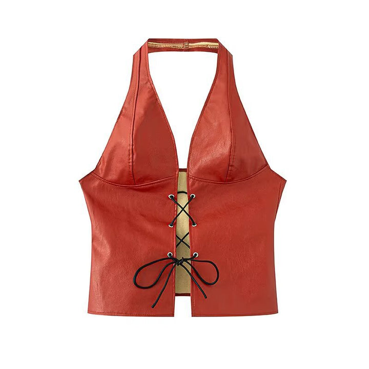 Dame Halter Neck Faux Leather Crop Top med snørredetail Stilla