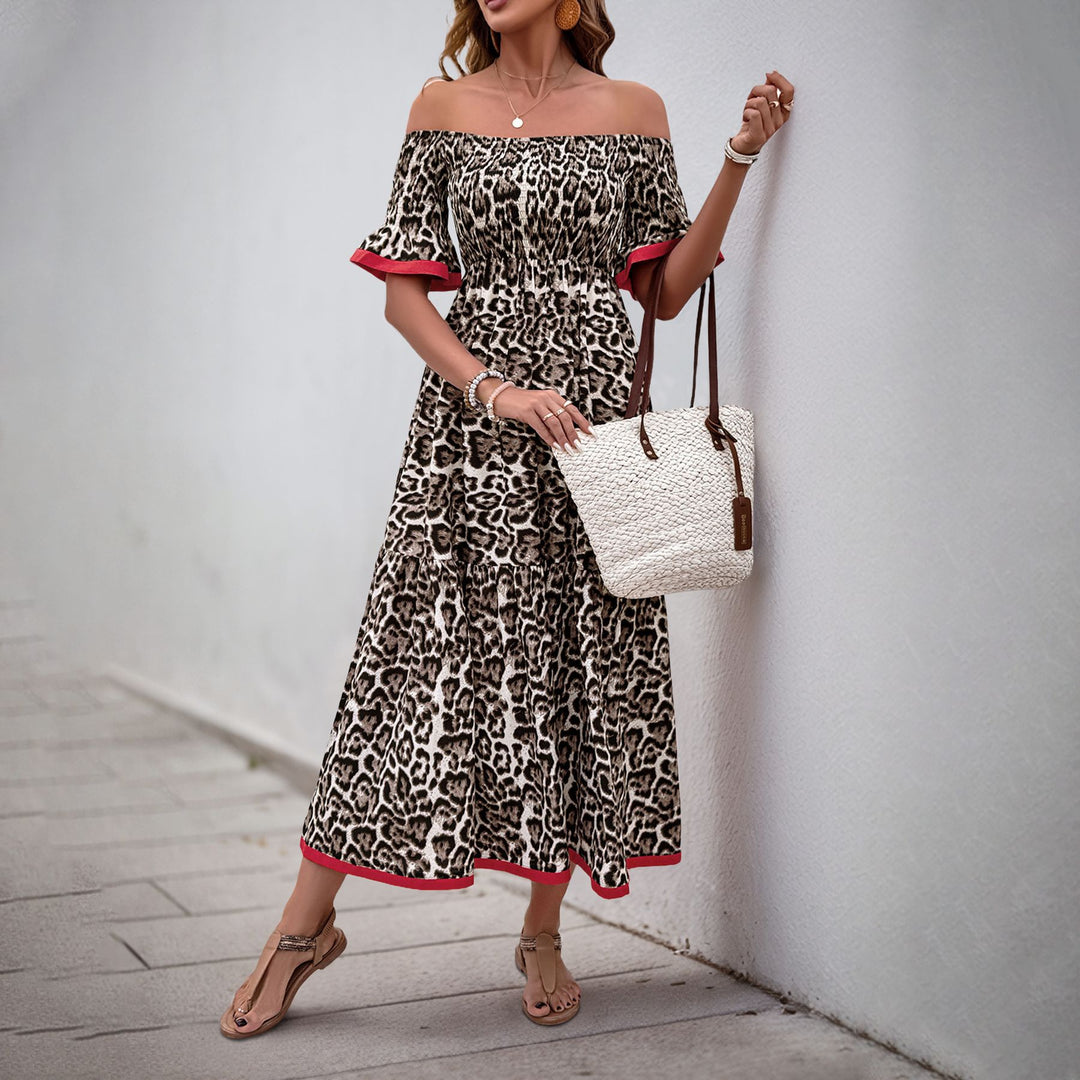 Kvinder Off-Shoulder Maxi Kjole med Ruffle Detaljer og Dyreprint Stilla