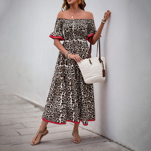 Kvinder Off-Shoulder Maxi Kjole med Ruffle Detaljer og Dyreprint Stilla