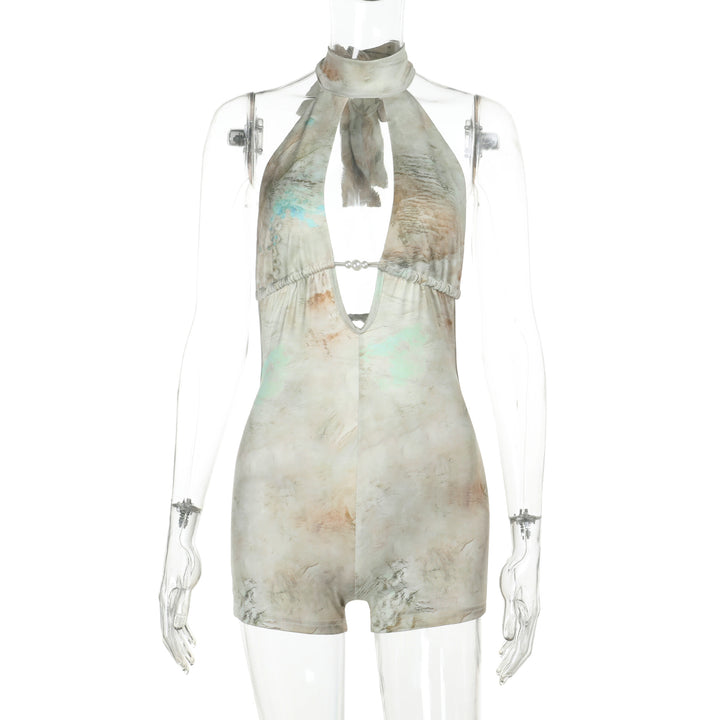 Dame elegant halter jumpsuit med dyb v-halsudskæring og legende flæse detalje Skovae