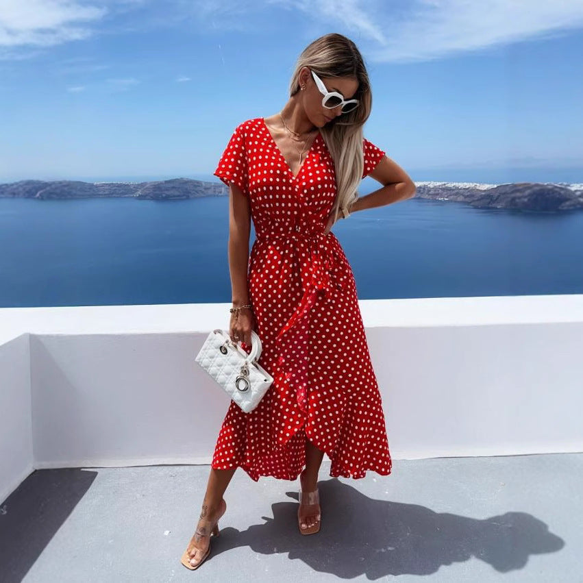 Dame Flydende Polka Dot V-låg Maxi Kjole Stilla