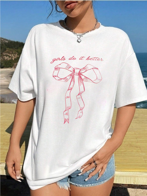 Dame T-shirt med kreativt kattemotiv og legesyg sløjfe Skovae