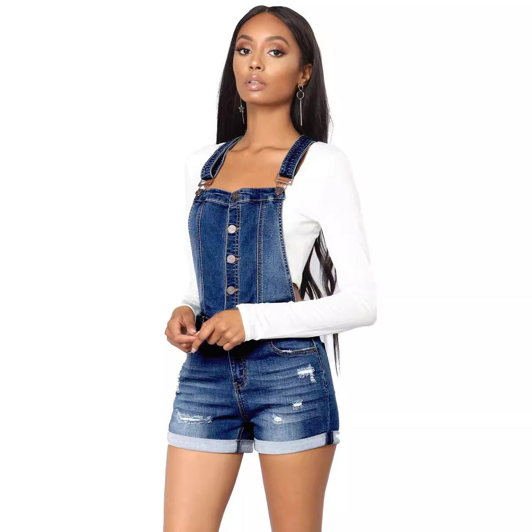 Dame denim-overalls med justerbare skulderstropper og moderne destroyed-detaljer Stilla