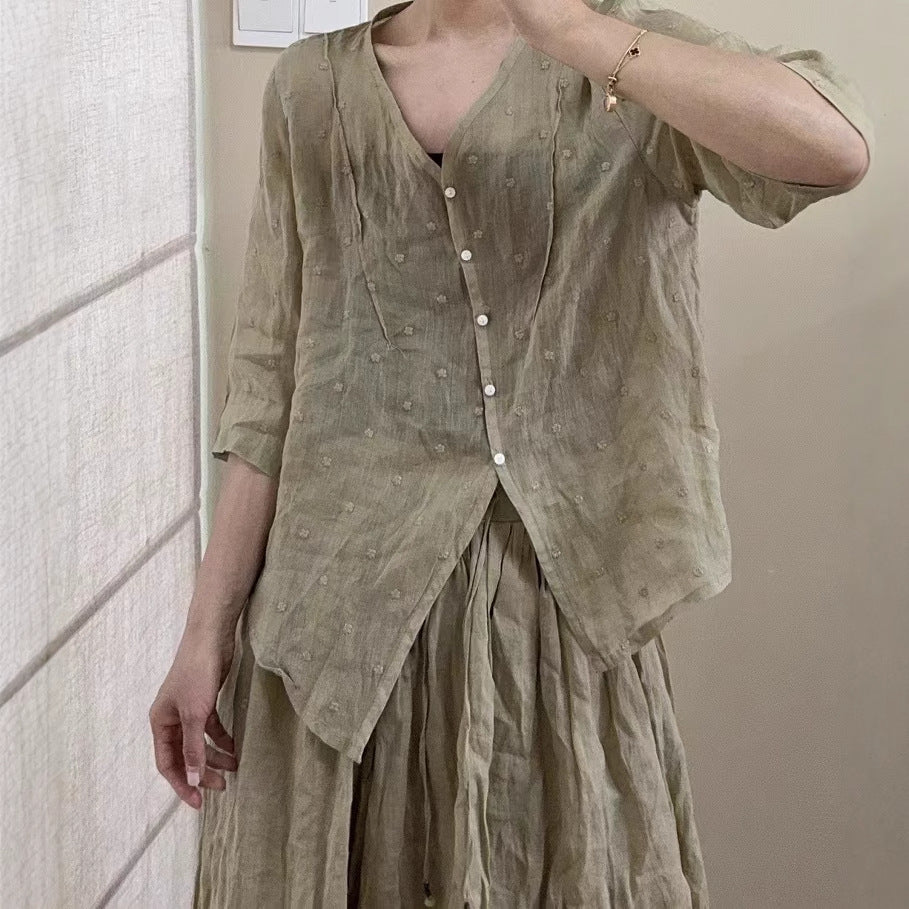 Femme Trekvart-ærme Button-Up Linned Top Stilla