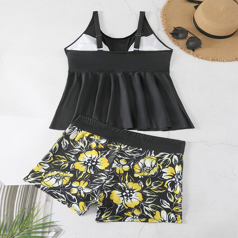 Dame Tankini-sæt med blomster rynketop og sporty bukser Skovae