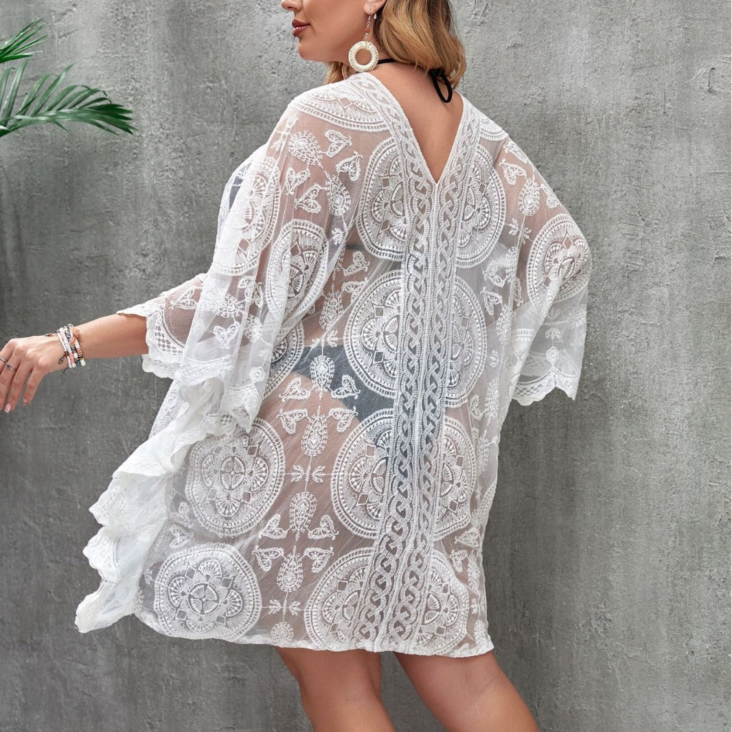 Dame gennemsigtig strandkimono med kunstnerisk hæklemønster Stilla