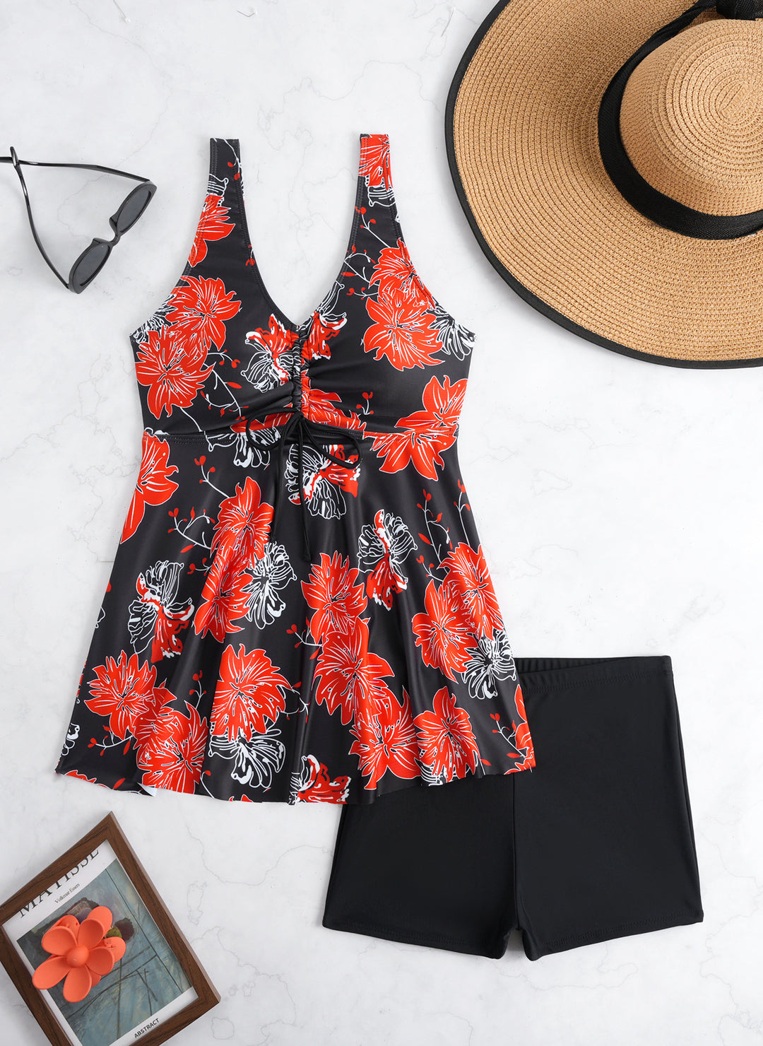 Dame Tankini med blomster wraps design og behagelige shorts Skovae