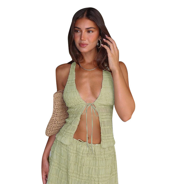 Dame halterneck top med legende ruffle design Skovae