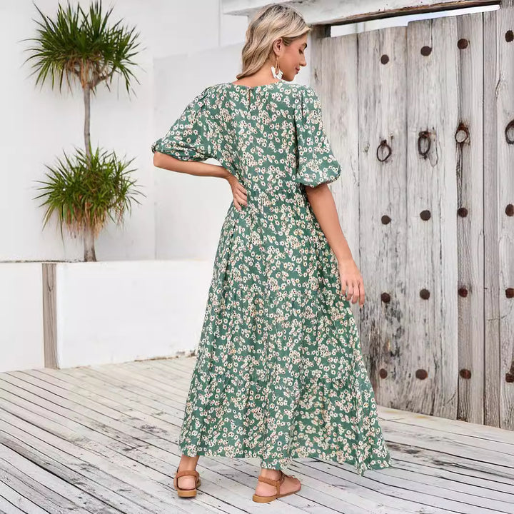 Dame Floral Lagdelt Maxikjole med Puffærmer Stilla