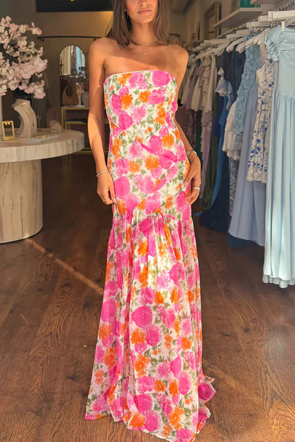 Dame Maxikjole med strapless design og blomster mønster Stilla