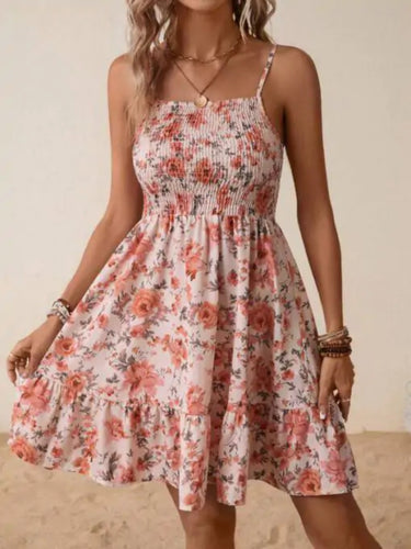 Dame Smocked Floral Sommer Mini Kjole Stilla