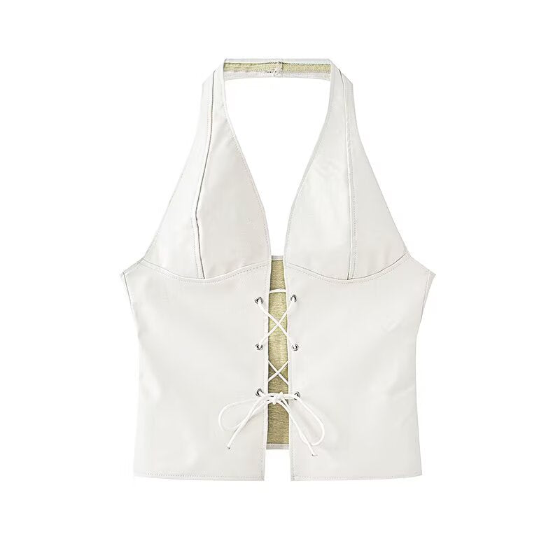 Dame Halter Neck Faux Leather Crop Top med snørredetail Stilla