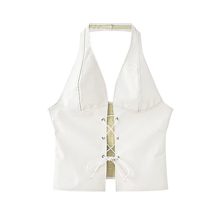 Dame Halter Neck Faux Leather Crop Top med snørredetail Stilla